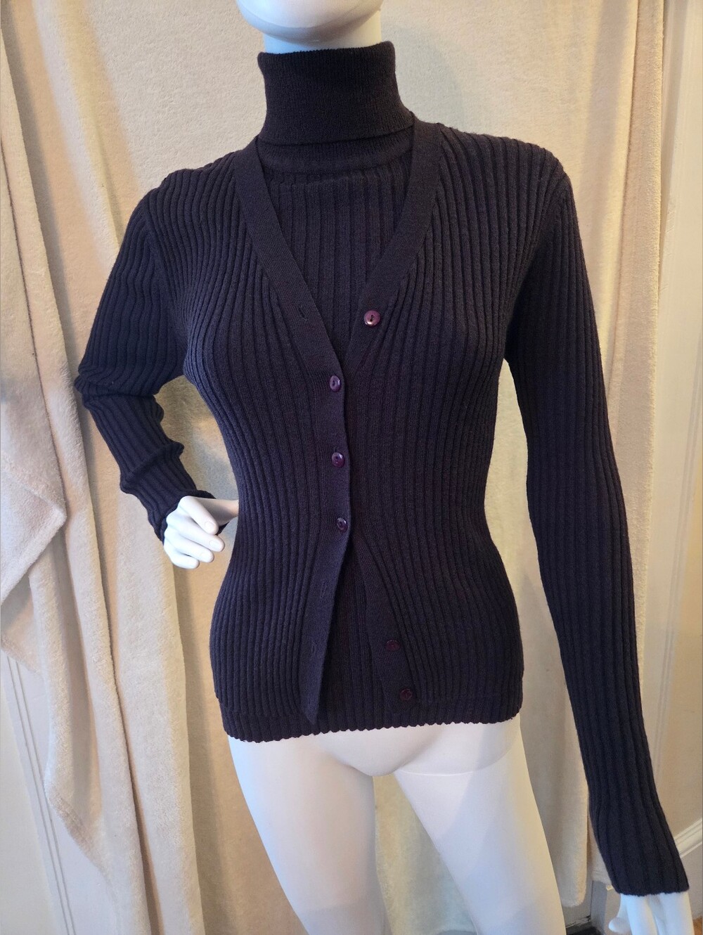Express Purple Sleeveless Ribbed Turtleneck with Matching Button Cardigan